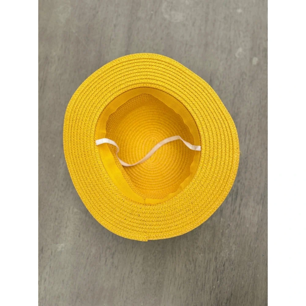 Yellow Straw Sun Hat Kids Boater Flat Top Cottagecore Coastal Y2K